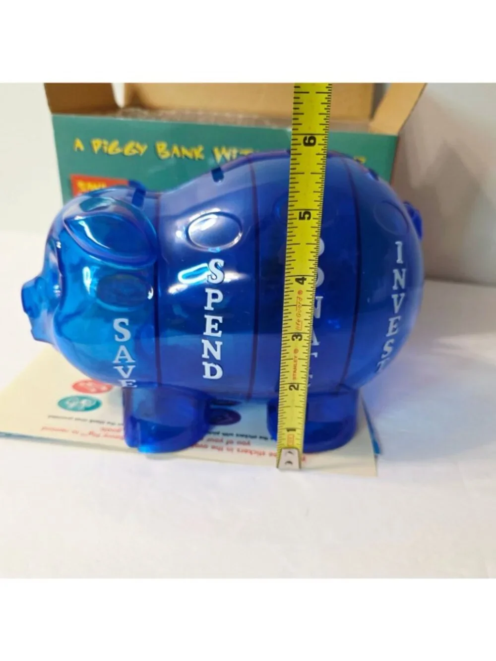 Money Savvy Pig Plastic Piggy Bank Blue Educational 4 Slots Spend Invest Save